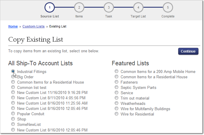 Copy Custom List, Step 1, Select Existing List